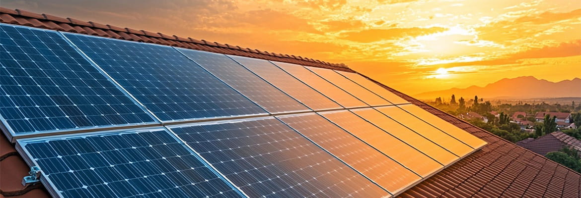 Ein Dach mit PV-Anlage im Sonnenuntergang